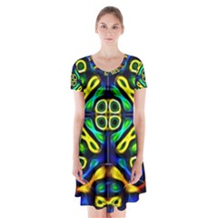 Pattern Geometric Glow Colors Lines Seamless Short Sleeve V-neck Flare Dress by Vaneshart