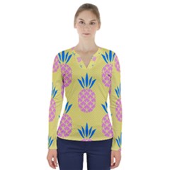 Summer Pineapple Seamless Pattern V-neck Long Sleeve Top by Sobalvarro