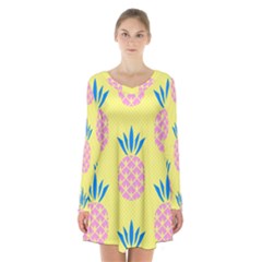 Summer Pineapple Seamless Pattern Long Sleeve Velvet V-neck Dress by Sobalvarro