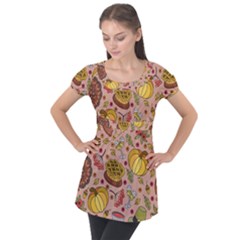 Thanksgiving Pattern Puff Sleeve Tunic Top