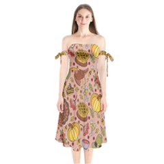 Thanksgiving Pattern Shoulder Tie Bardot Midi Dress