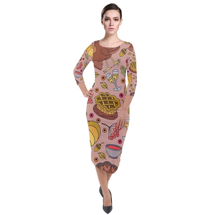 Thanksgiving Pattern Quarter Sleeve Midi Velour Bodycon Dress