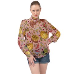 Thanksgiving Pattern High Neck Long Sleeve Chiffon Top