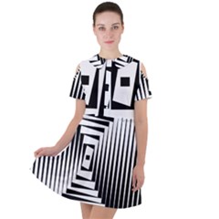 Background Black White Design Short Sleeve Shoulder Cut Out Dress 