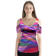 Wave Lines Pattern Abstract Butterfly Sleeve Cutout Tee 