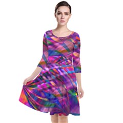 Wave Lines Pattern Abstract Quarter Sleeve Waist Band Dress