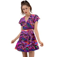 Wave Lines Pattern Abstract Flutter Sleeve Wrap Dress
