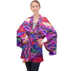 Wave Lines Pattern Abstract Long Sleeve Velvet Kimono 