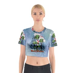 Merry Christmas, Funny Mushroom With Christmas Hat Cotton Crop Top by FantasyWorld7