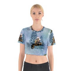 Merry Christmas, Funny Mouse On A Motorcycle With Christmas Hat Cotton Crop Top