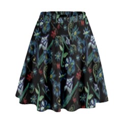 Watercolor Flowers On Black High Waist Skirt