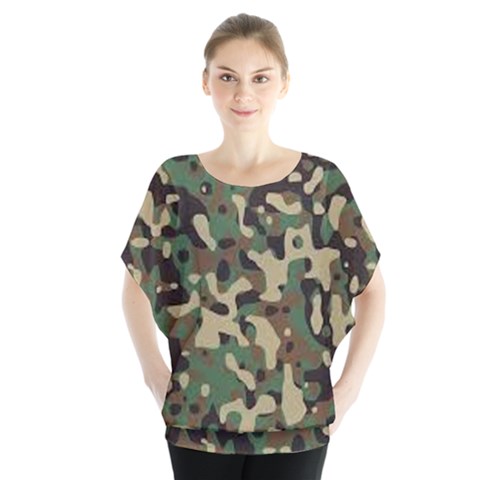 Army Pattern  Batwing Chiffon Blouse by myuique