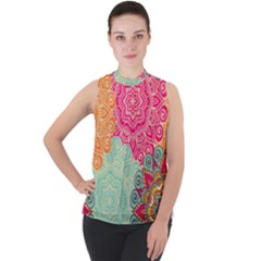 Art Abstract Pattern Mock Neck Chiffon Sleeveless Top