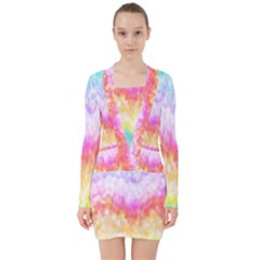 Rainbow Pontilism Background V-neck Bodycon Long Sleeve Dress