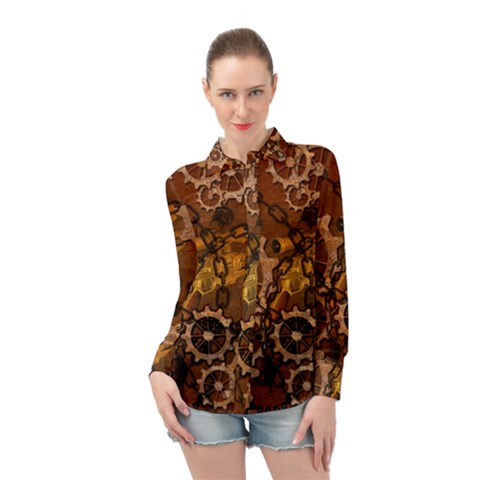 Steampunk Patter With Gears Long Sleeve Chiffon Shirt by FantasyWorld7