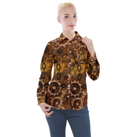 Steampunk Patter With Gears Women s Long Sleeve Pocket Shirt by FantasyWorld7