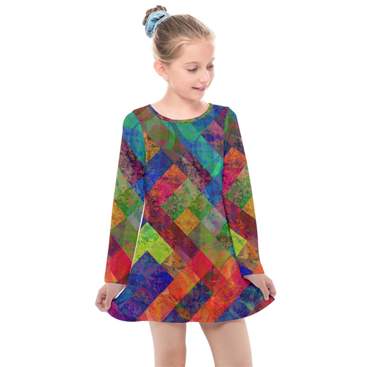 Abstract Colored Grunge Pattern Kids  Long Sleeve Dress