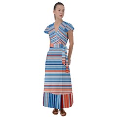 Blue And Coral Stripe 1 Flutter Sleeve Maxi Dress