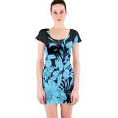 Blue Winter Tropical Floral Watercolor Short Sleeve Bodycon Dress