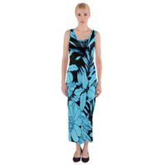 Blue Winter Tropical Floral Watercolor Fitted Maxi Dress