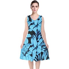 Blue Winter Tropical Floral Watercolor V-neck Midi Sleeveless Dress 