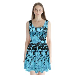 Blue Winter Tropical Floral Watercolor Split Back Mini Dress 