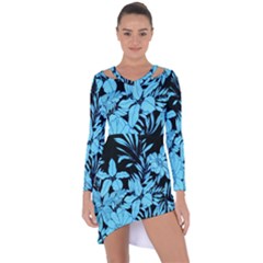 Blue Winter Tropical Floral Watercolor Asymmetric Cut-out Shift Dress