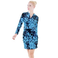 Blue Winter Tropical Floral Watercolor Button Long Sleeve Dress