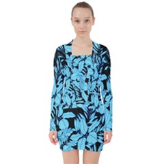 Blue Winter Tropical Floral Watercolor V-neck Bodycon Long Sleeve Dress