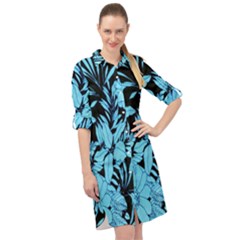 Blue Winter Tropical Floral Watercolor Long Sleeve Mini Shirt Dress