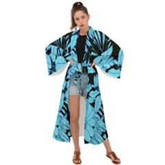 Blue Winter Tropical Floral Watercolor Maxi Kimono by dressshop