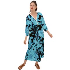 Blue Winter Tropical Floral Watercolor Grecian Style  Maxi Dress