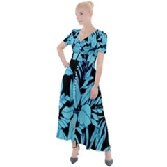Blue Winter Tropical Floral Watercolor Button Up Short Sleeve Maxi Dress