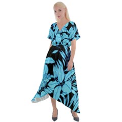 Blue Winter Tropical Floral Watercolor Cross Front Sharkbite Hem Maxi Dress by dressshop