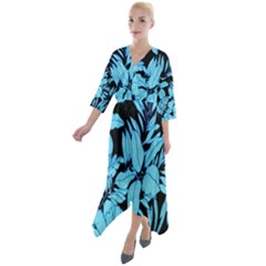 Blue Winter Tropical Floral Watercolor Quarter Sleeve Wrap Front Maxi Dress by dressshop