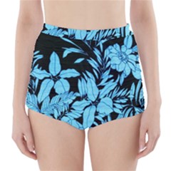 Blue Winter Tropical Floral Watercolor High-waisted Bikini Bottoms