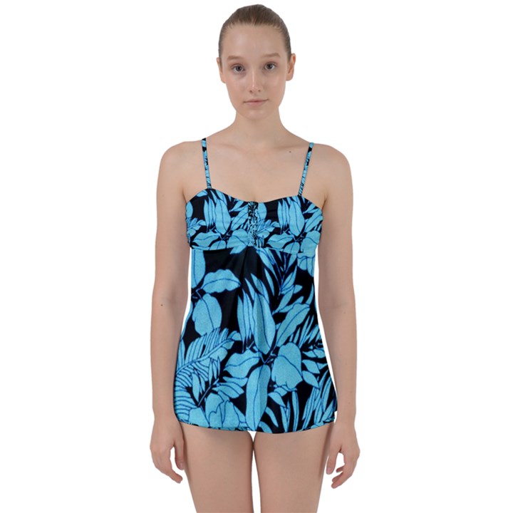 Blue Winter Tropical Floral Watercolor Babydoll Tankini Set