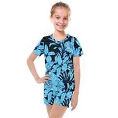 Blue Winter Tropical Floral Watercolor Kids  Mesh Tee And Shorts Set