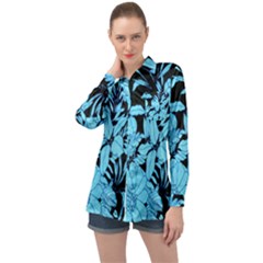 Blue Winter Tropical Floral Watercolor Long Sleeve Satin Shirt