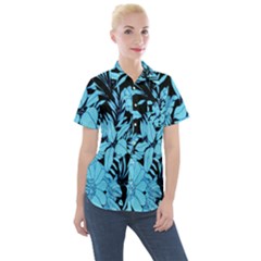Blue Winter Tropical Floral Watercolor Women s Short Sleeve Pocket Shirt