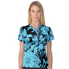 Blue Winter Tropical Floral Watercolor V-neck Sport Mesh Tee