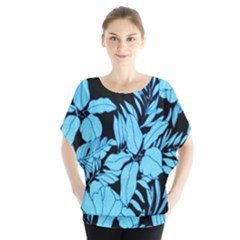 Blue Winter Tropical Floral Watercolor Batwing Chiffon Blouse