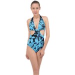 Blue Winter Tropical Floral Watercolor Halter Front Plunge Swimsuit