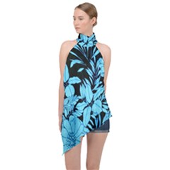 Blue Winter Tropical Floral Watercolor Halter Asymmetric Satin Top by dressshop