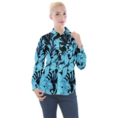Blue Winter Tropical Floral Watercolor Women s Long Sleeve Pocket Shirt