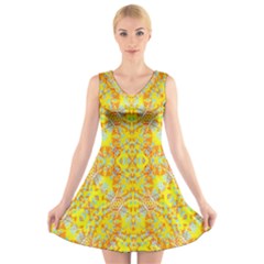 Vivid Warm Ornate Pattern V-neck Sleeveless Dress by dflcprintsclothing