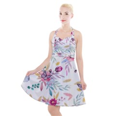 PINK FLORAL PRINT Halter Party Swing Dress 