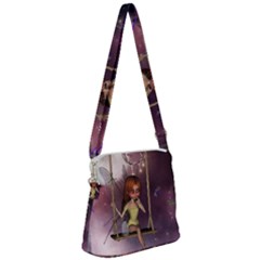 Little Fairy On A Swing With Dragonfly In The Night Zipper Messenger Bag by FantasyWorld7
