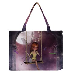 Little Fairy On A Swing With Dragonfly In The Night Zipper Medium Tote Bag by FantasyWorld7