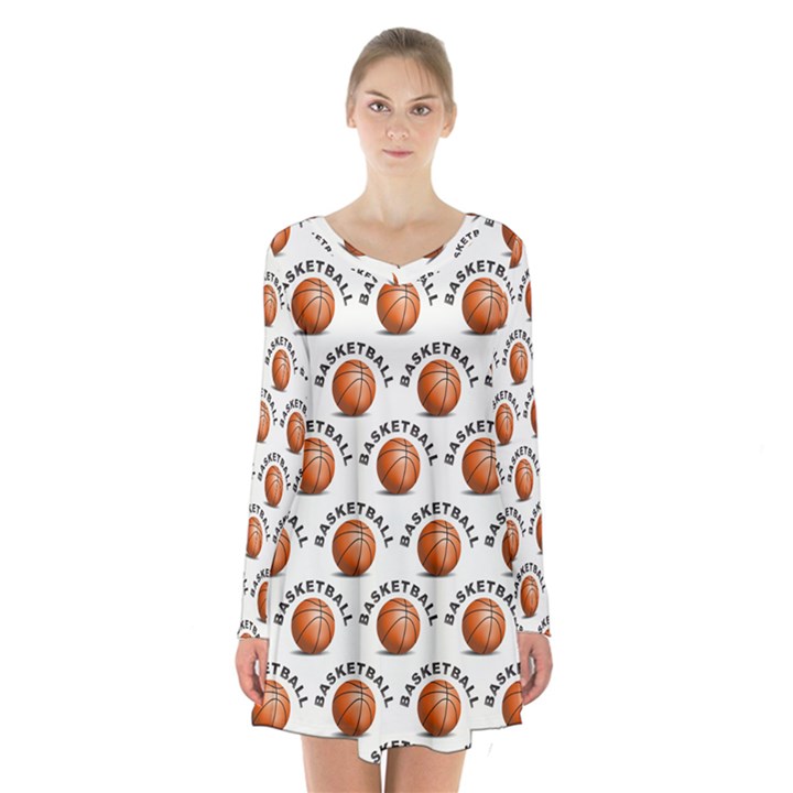 Orange Basketballs Long Sleeve Velvet V-neck Dress